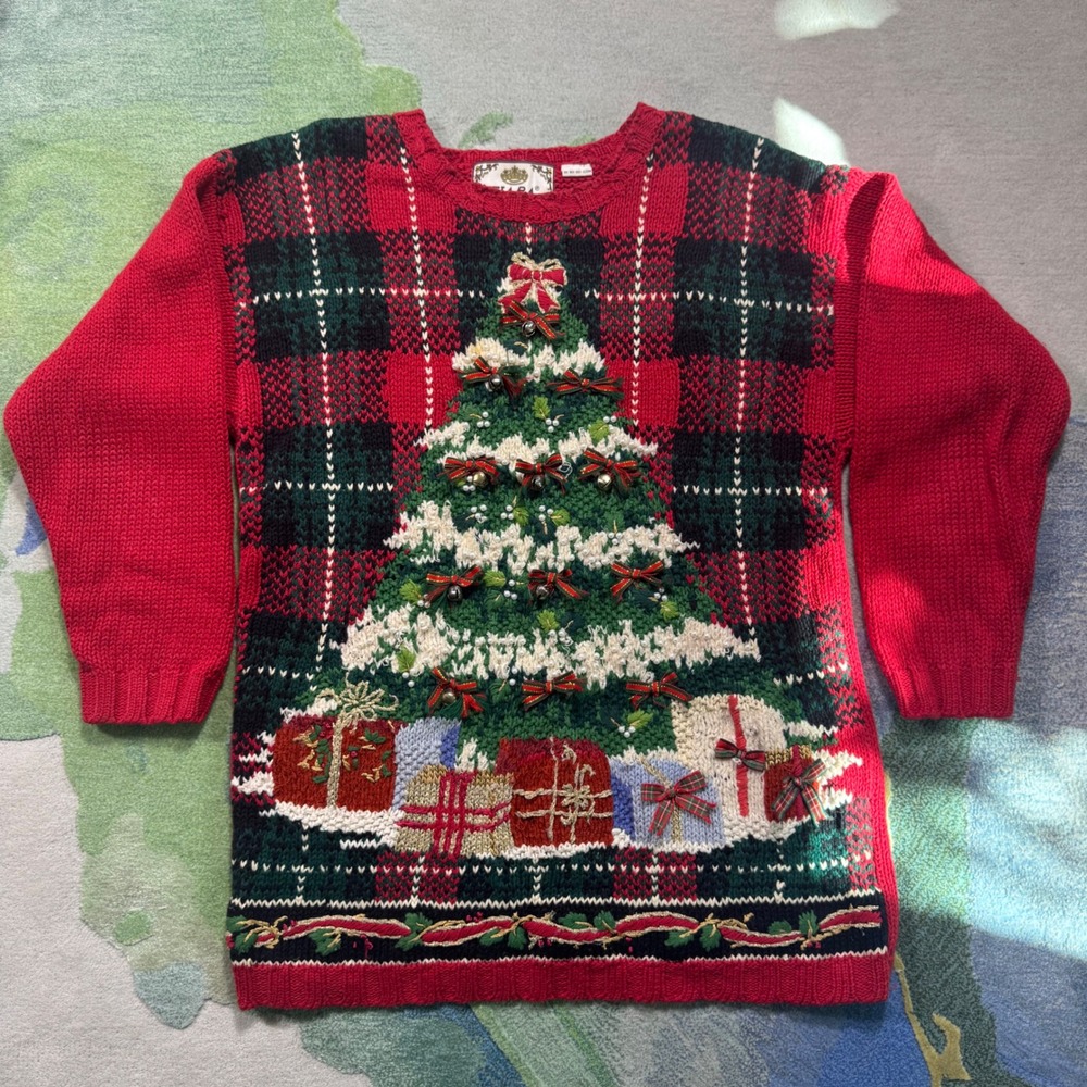 Vintage Tiara Petites Christmas Sweater Red Plaid 3D Tree Bells Beads Medium